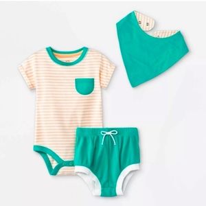 Cat & Jack Baby Boys' Size 6-9 Months 3pc Teal Striped Top & Bottom Set w/ Bib